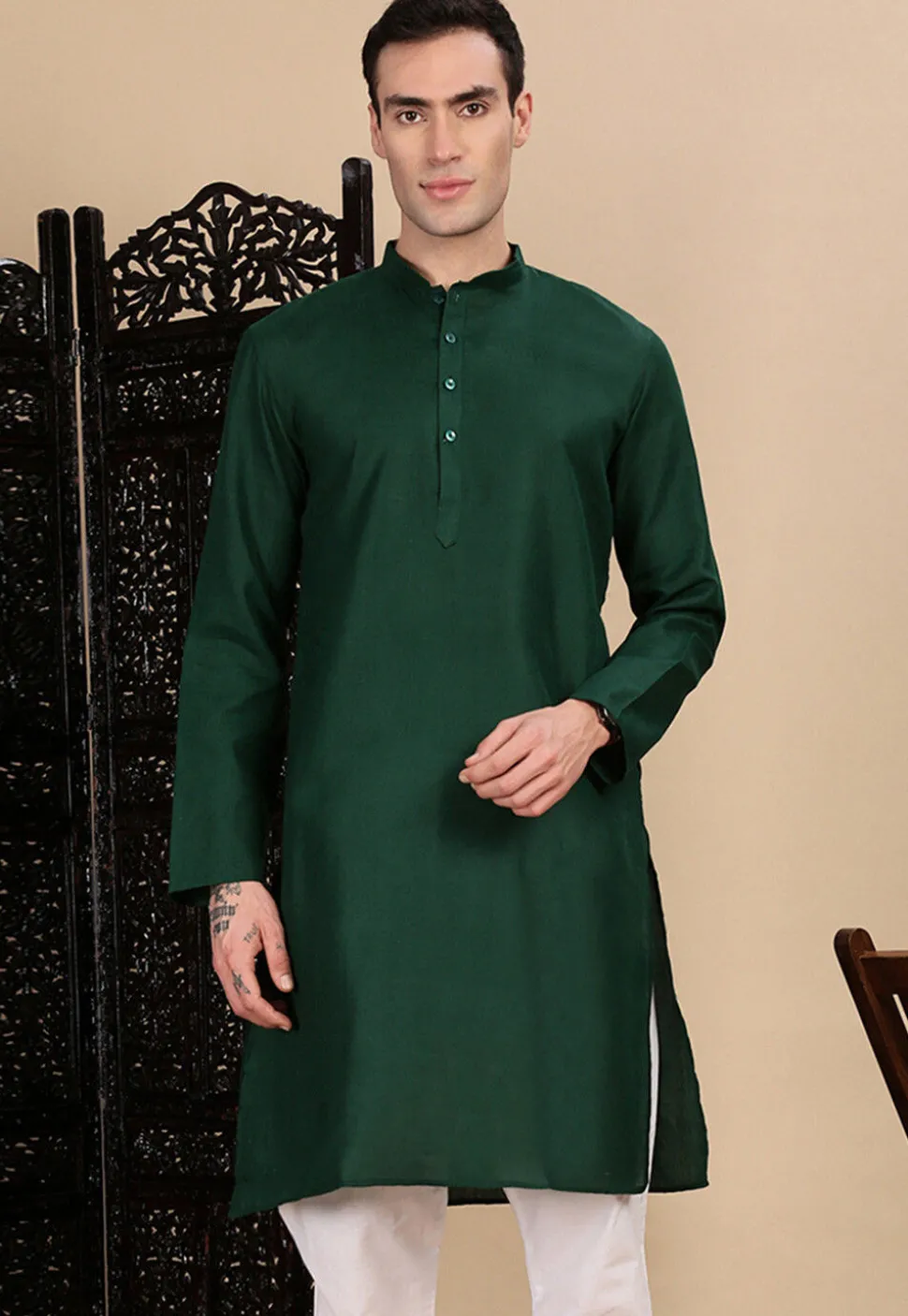 Solid Color Cotton Kurta in Dark Green