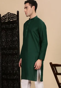 Solid Color Cotton Kurta in Dark Green