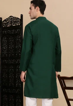 Solid Color Cotton Kurta in Dark Green