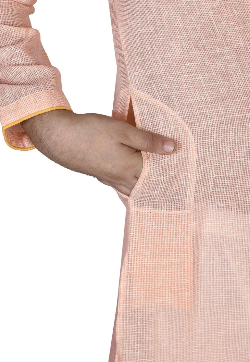Solid Color Cotton Kurta Set in Peach
