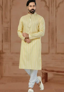 Solid Color Cotton Kurta Set in Yellow