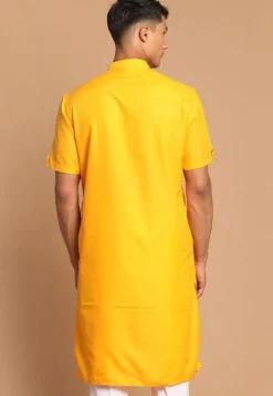 Solid Color Cotton Kurta in Yellow