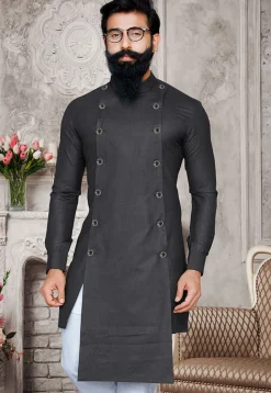 Solid Color Cotton Kurta in Grey