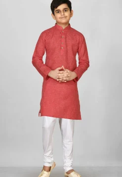 Solid Color Cotton Kurta Set in Red