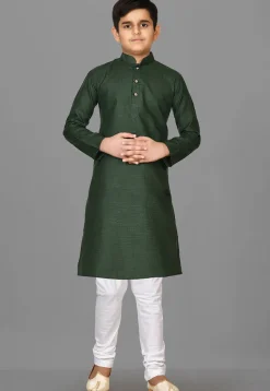 Solid Color Cotton Kurta Set in Dark Green