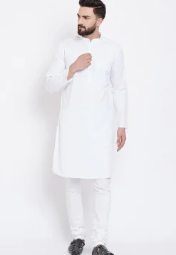 Solid Color Cotton Kurta Set in White