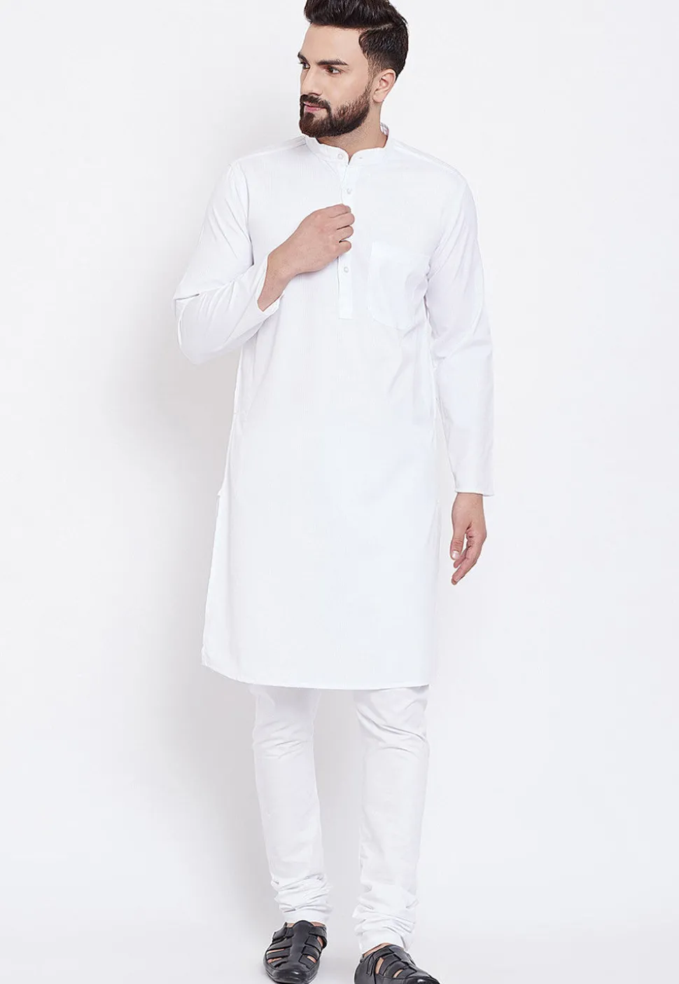 Solid Color Cotton Kurta Set in White