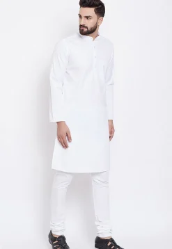 Solid Color Cotton Kurta Set in White