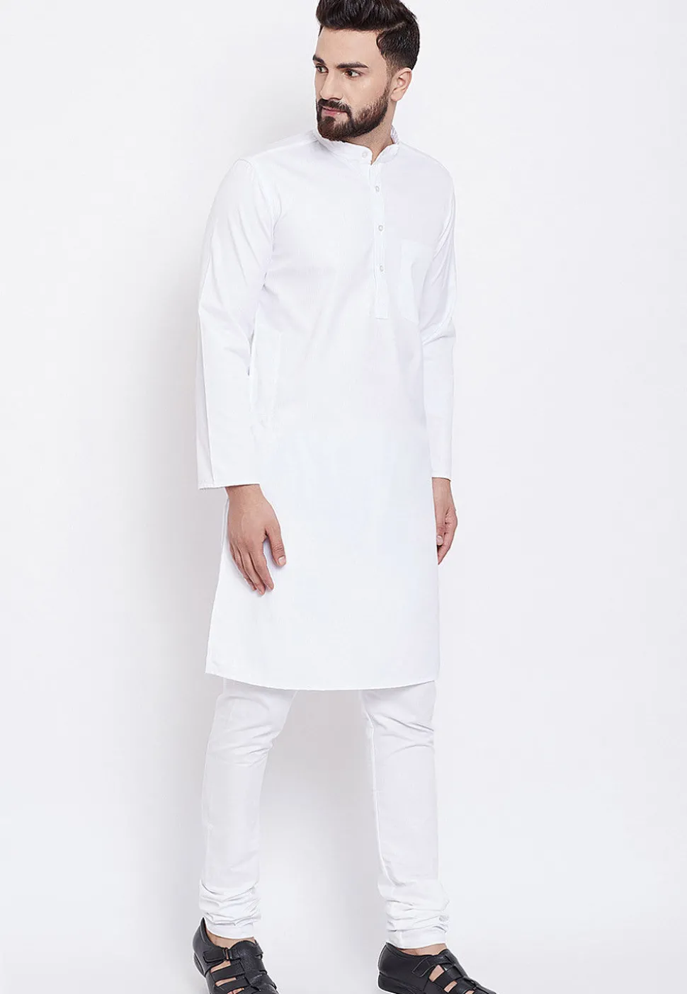 Solid Color Cotton Kurta Set in White
