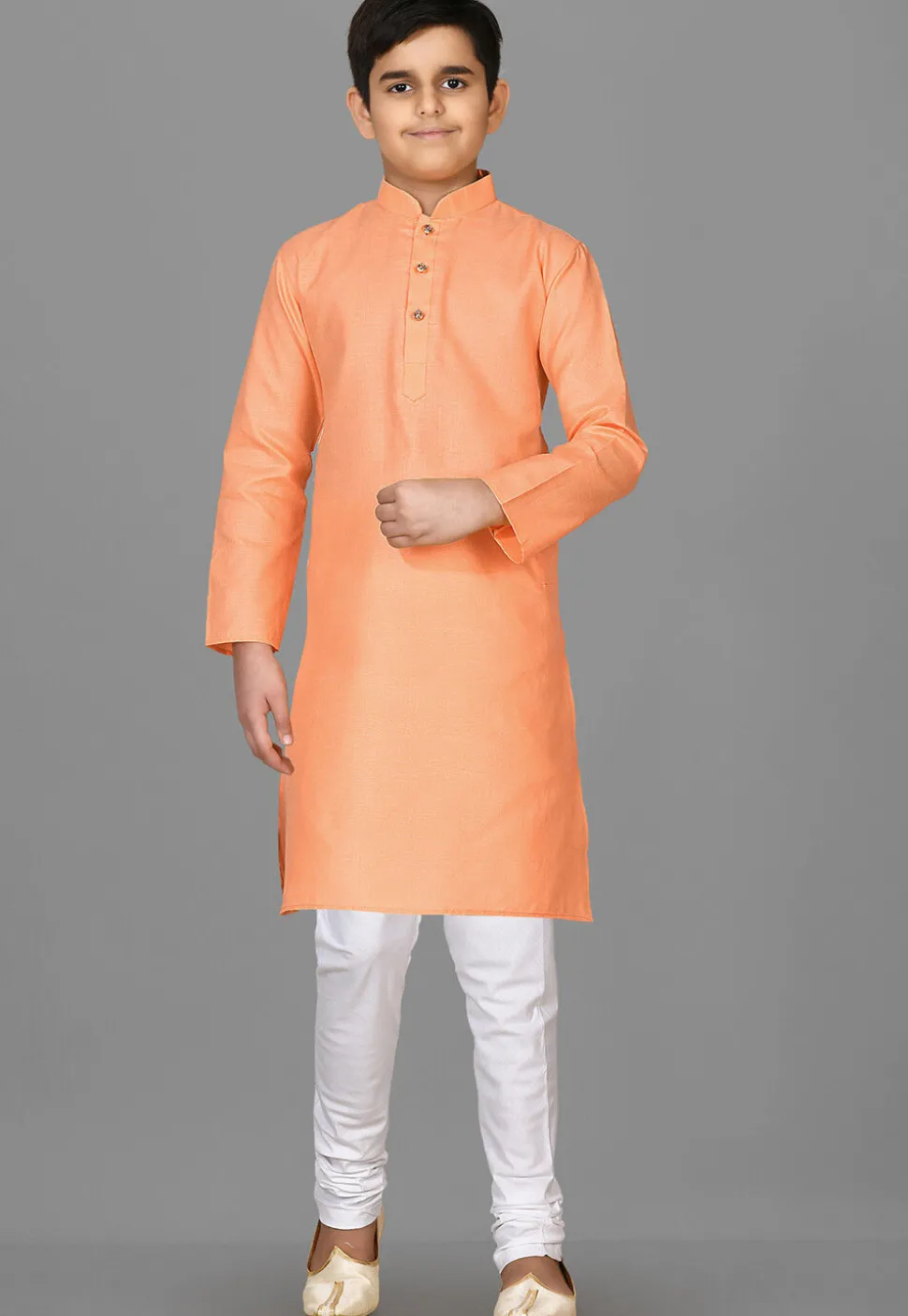 Solid Color Cotton Kurta Set in Peach