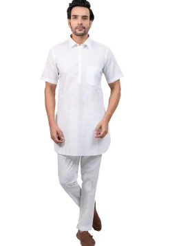 Solid Color Cotton Kurta Set in White