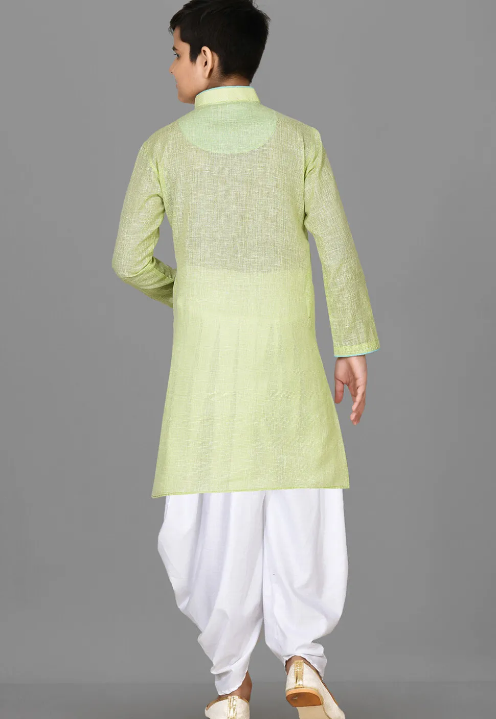 Solid Color Cotton Kurta Set in Light Green