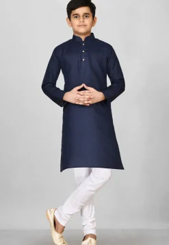 Solid Color Cotton Kurta Set in Navy Blue