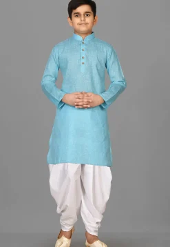 Solid Color Cotton Kurta Set in Sky Blue