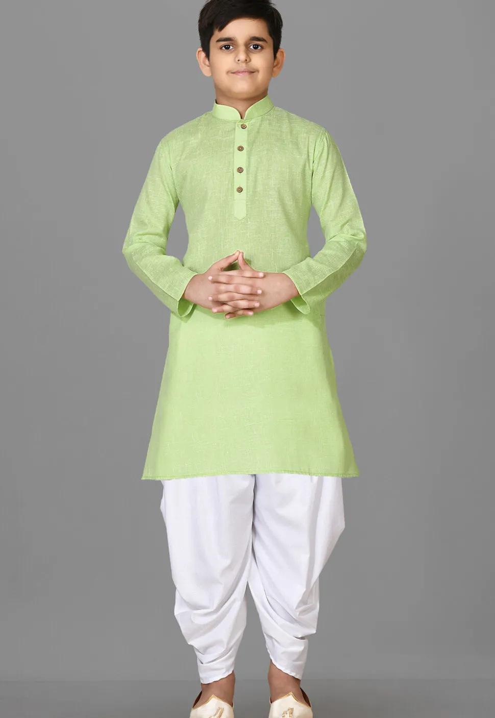 Solid Color Cotton Kurta Set in Light Green