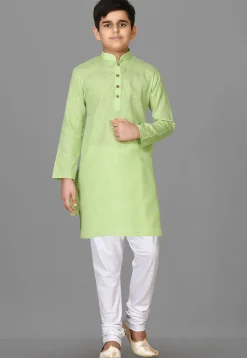 Solid Color Cotton Kurta Set in Light Green