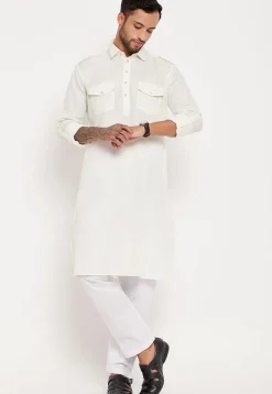 Solid Color Cotton Kurta Set in White