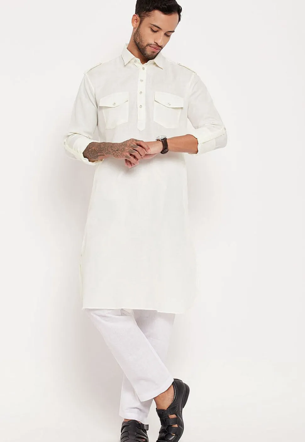 Solid Color Cotton Kurta Set in White