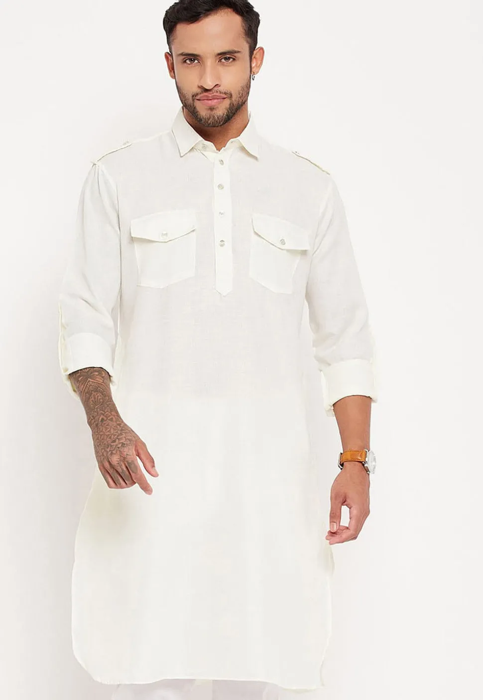 Solid Color Cotton Kurta Set in White