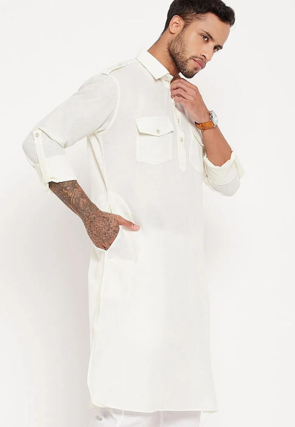 Solid Color Cotton Kurta Set in White
