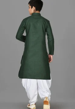Solid Color Cotton Kurta Set in Dark Green
