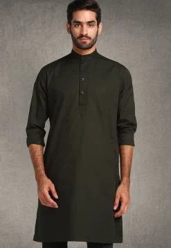 Solid Color Cotton Kurta in Dark Olive Green