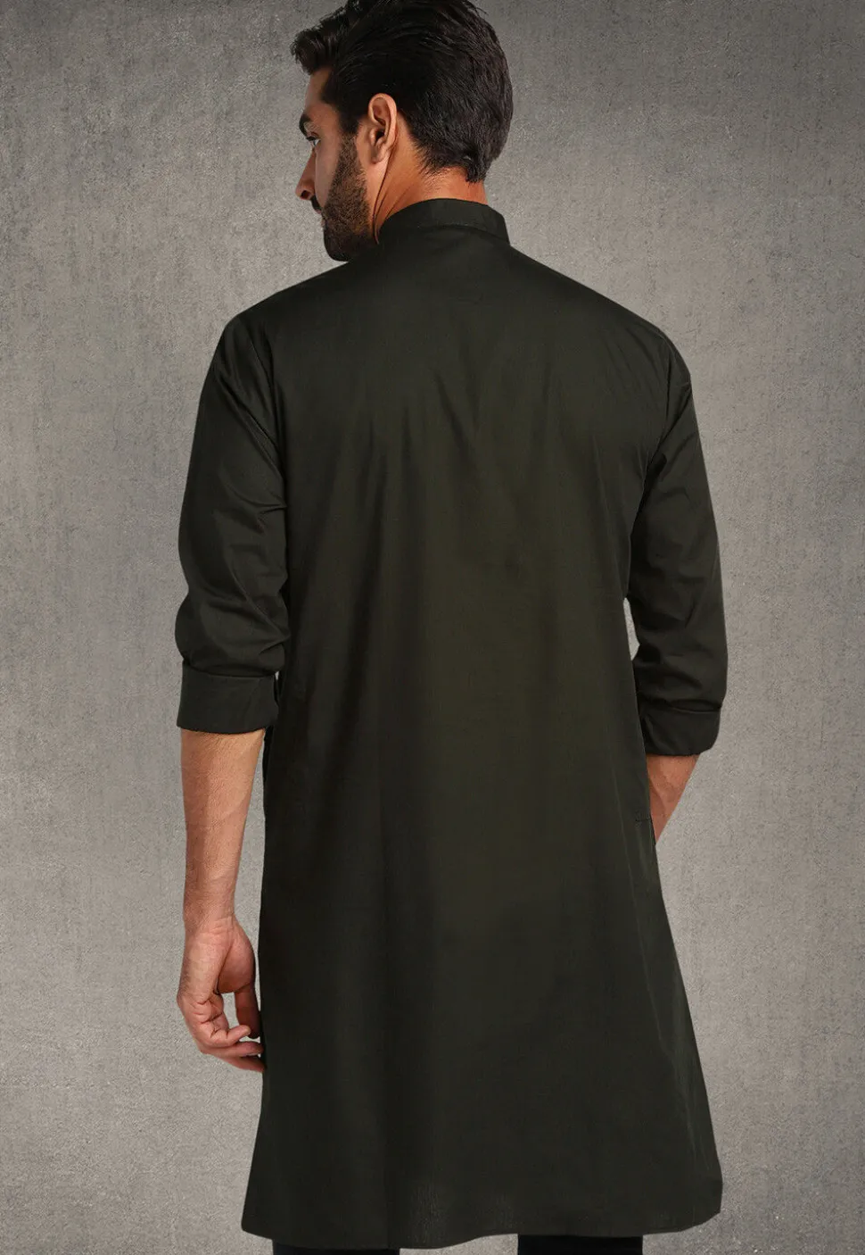 Solid Color Cotton Kurta in Dark Olive Green