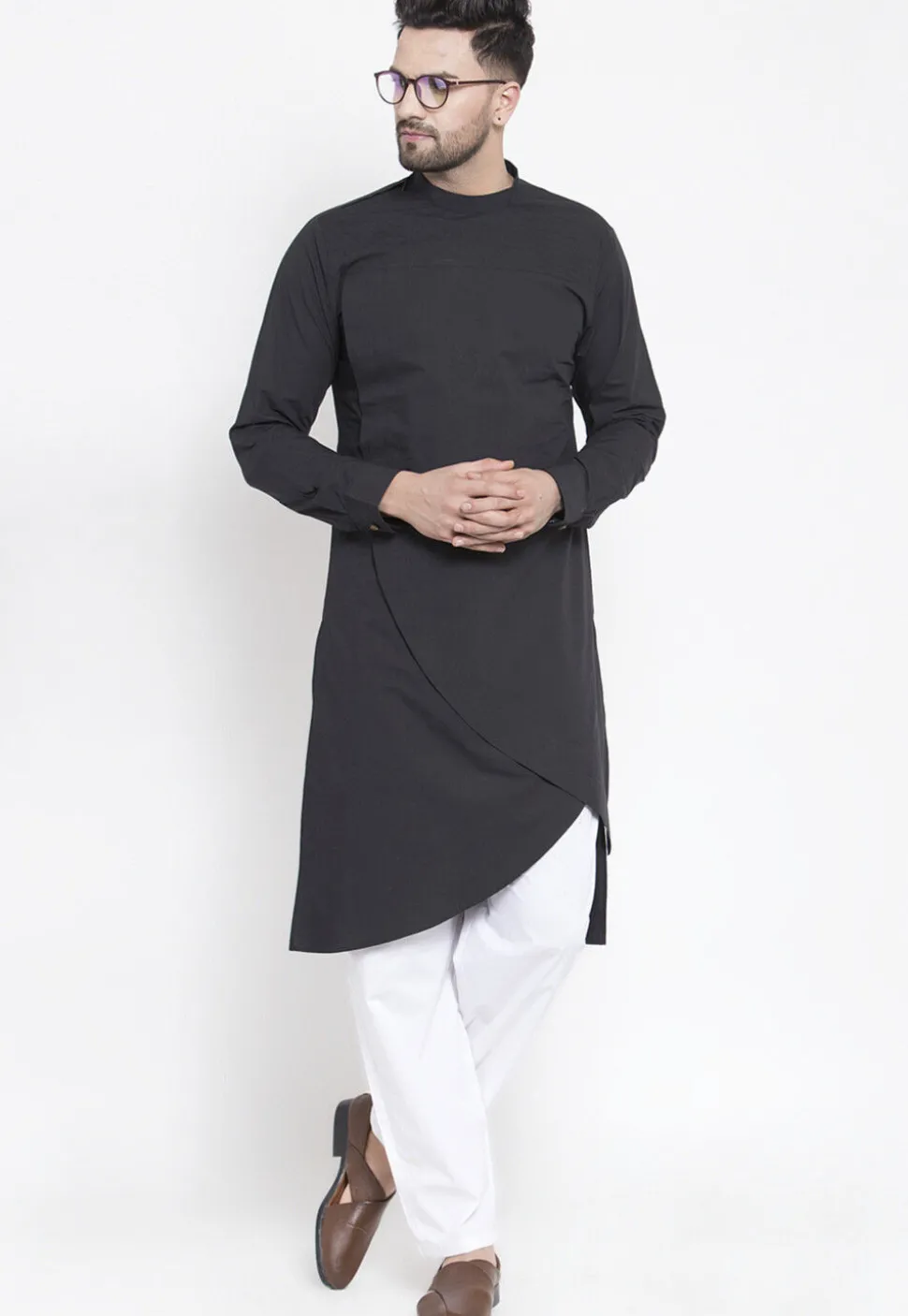 Solid Color Cotton Kurta Set in Black