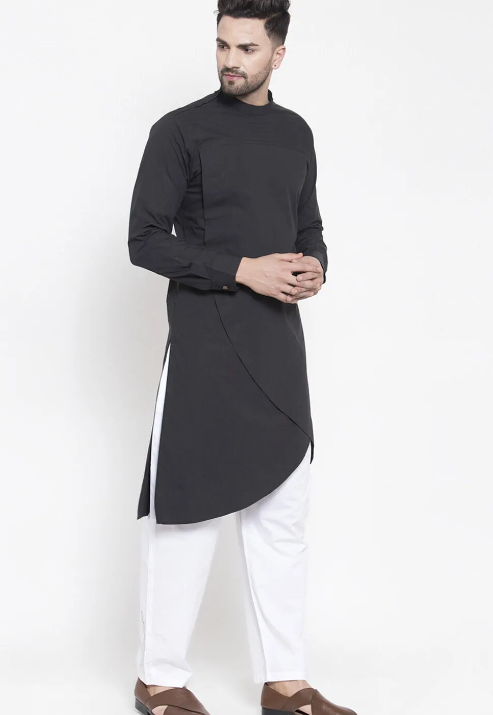 Solid Color Cotton Kurta Set in Black
