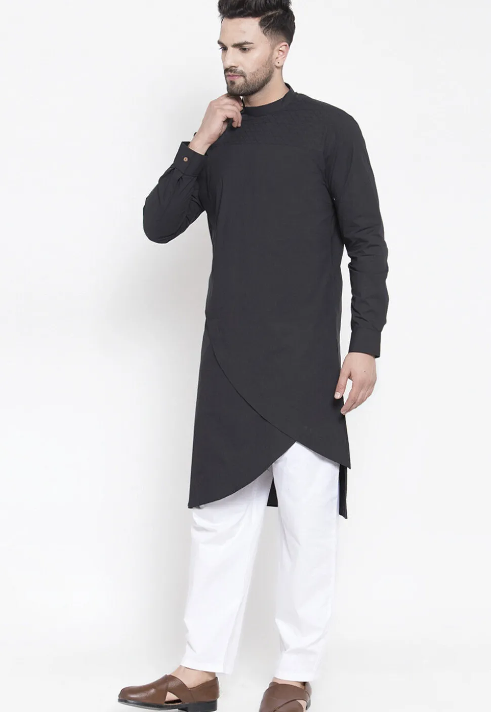 Solid Color Cotton Kurta Set in Black