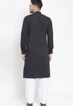 Solid Color Cotton Kurta Set in Black