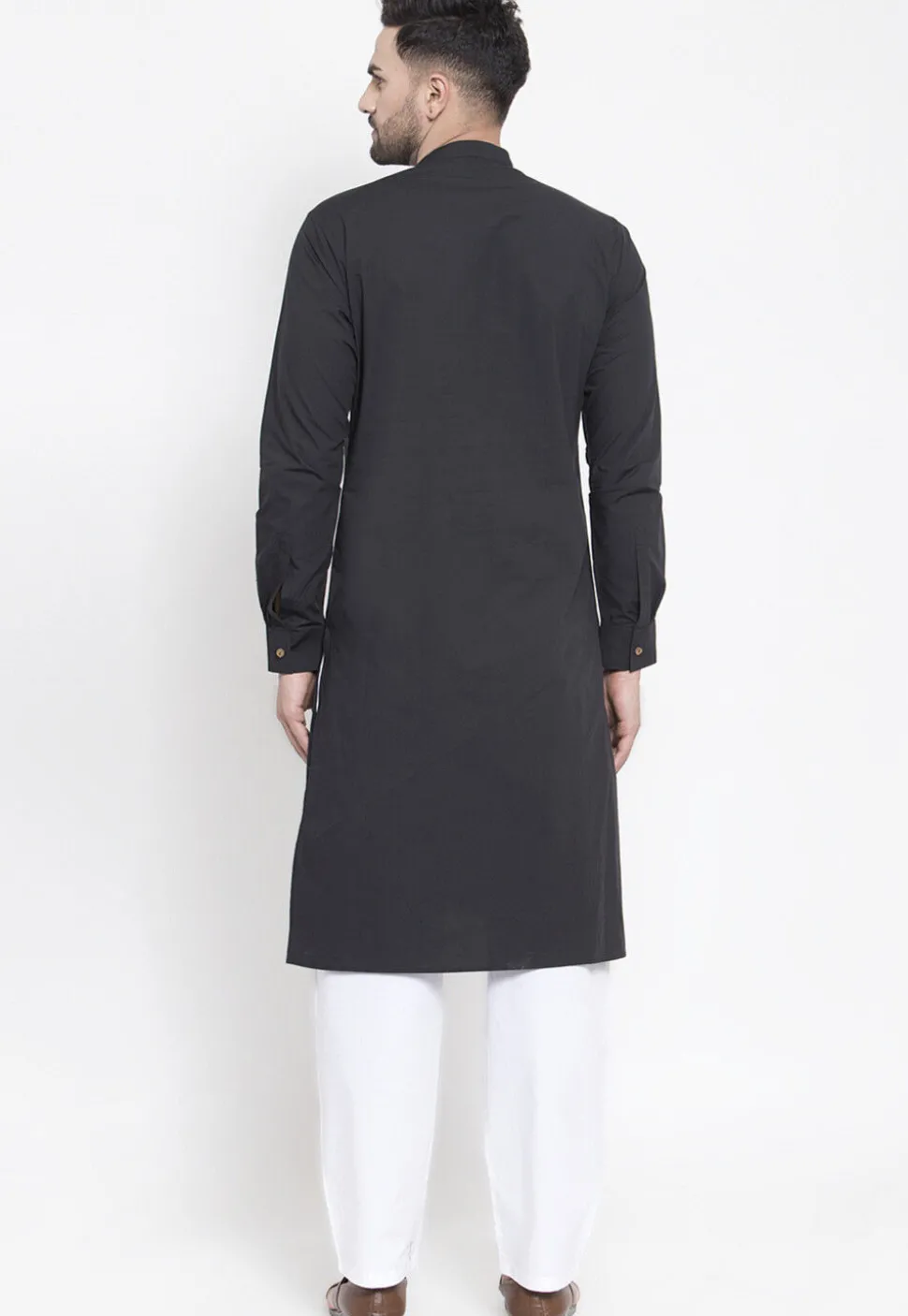 Solid Color Cotton Kurta Set in Black