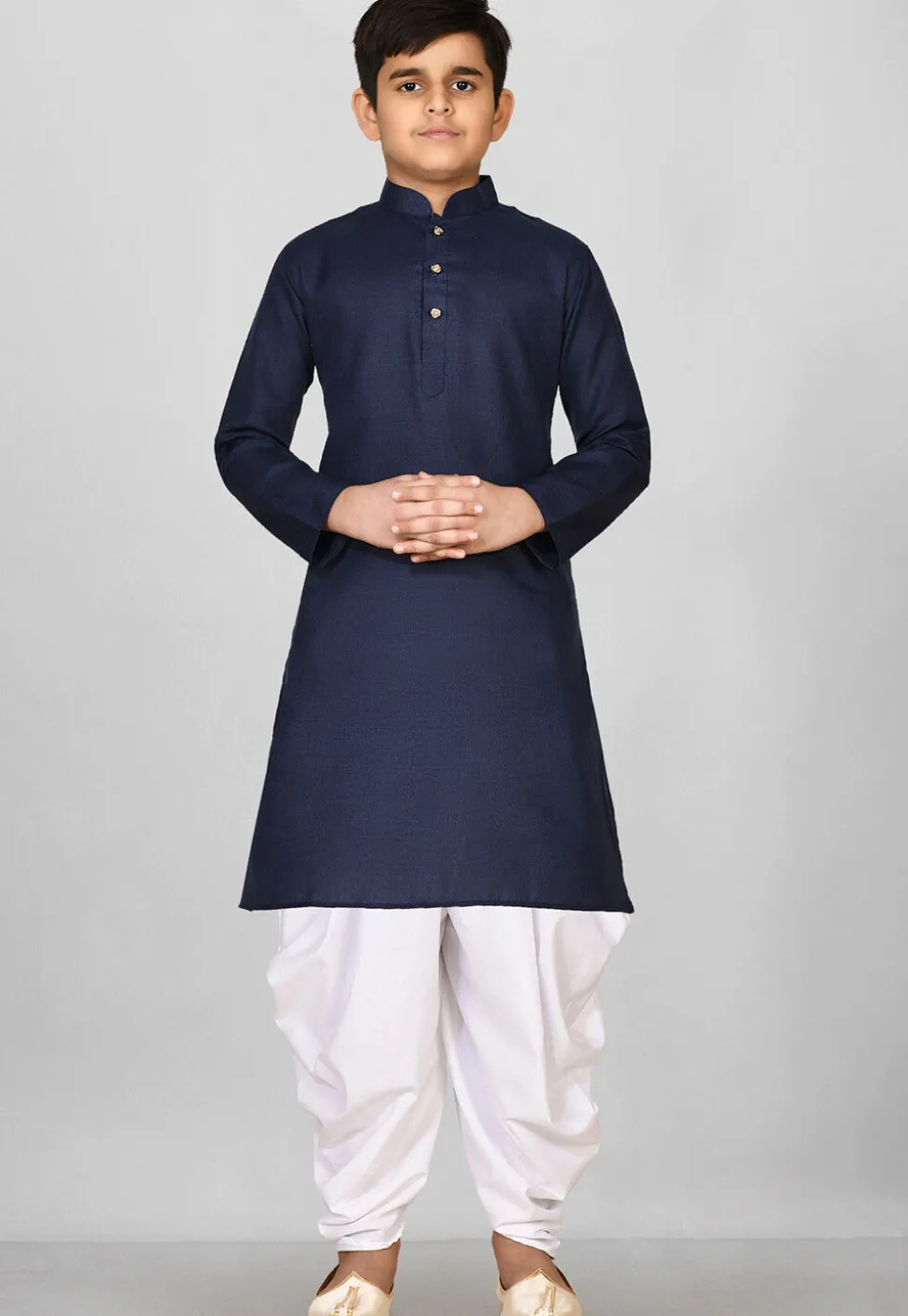 Solid Color Cotton Kurta Set in Navy Blue