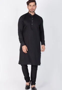 Solid Color Cotton Kurta Set in Black