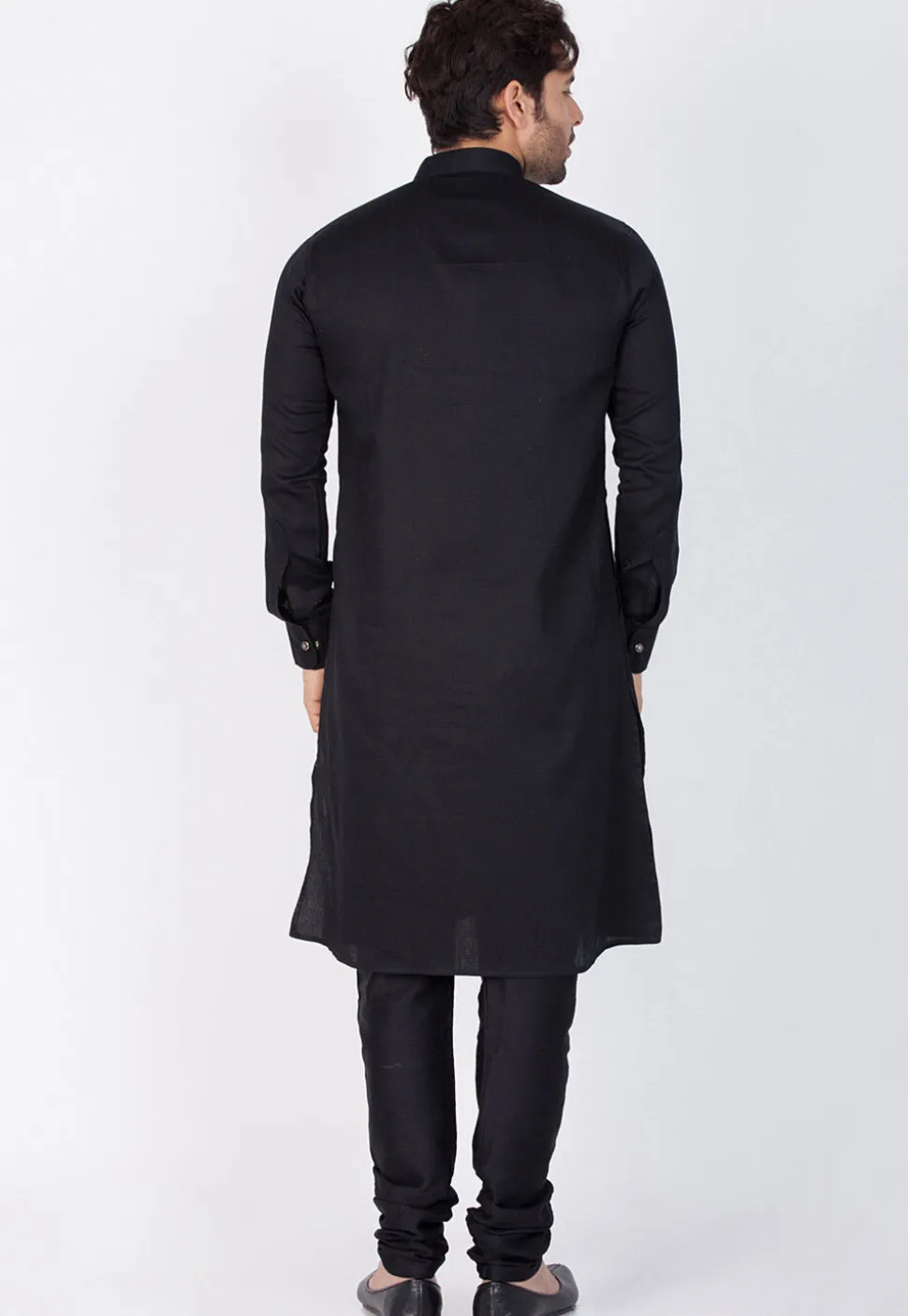 Solid Color Cotton Kurta Set in Black