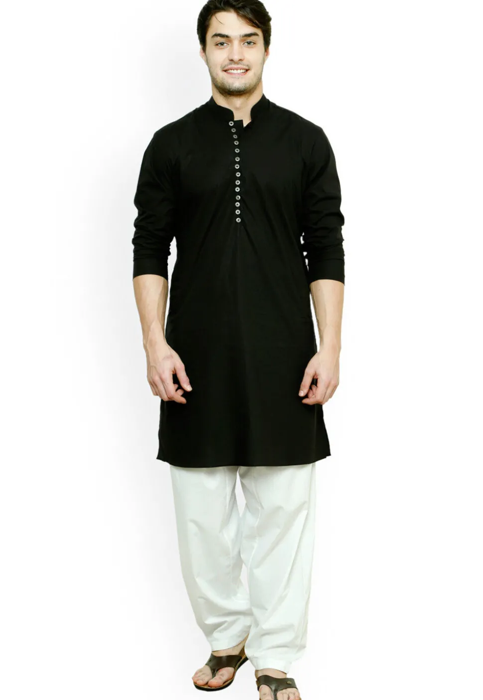 Solid Color Cotton Kurta Set in Black