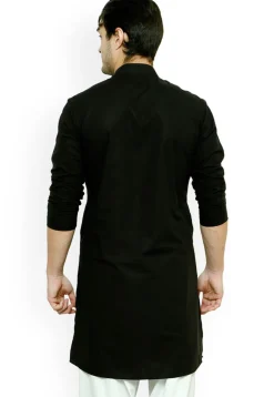 Solid Color Cotton Kurta Set in Black