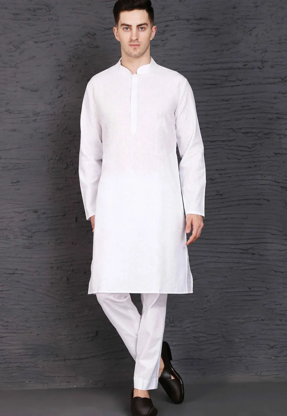 Solid Color Cotton Kurta Set in White