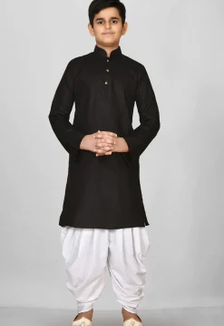 Solid Color Cotton Kurta Set in Black