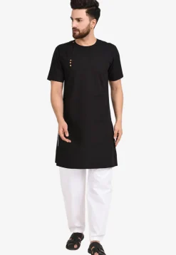 Solid Color Cotton Kurta Set in Black