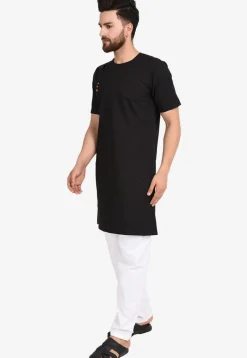Solid Color Cotton Kurta Set in Black