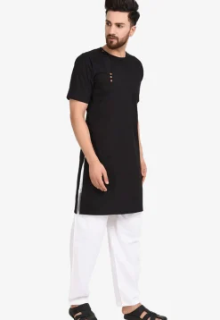 Solid Color Cotton Kurta Set in Black