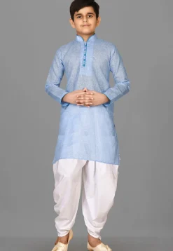 Solid Color Cotton Kurta Set in Light Blue