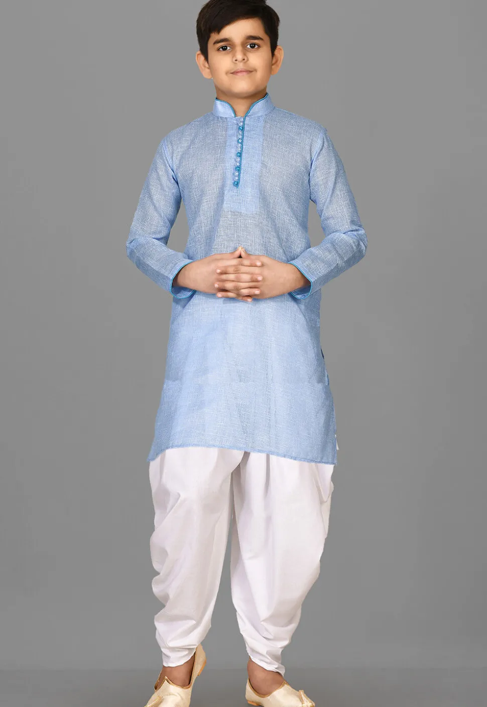 Solid Color Cotton Kurta Set in Light Blue