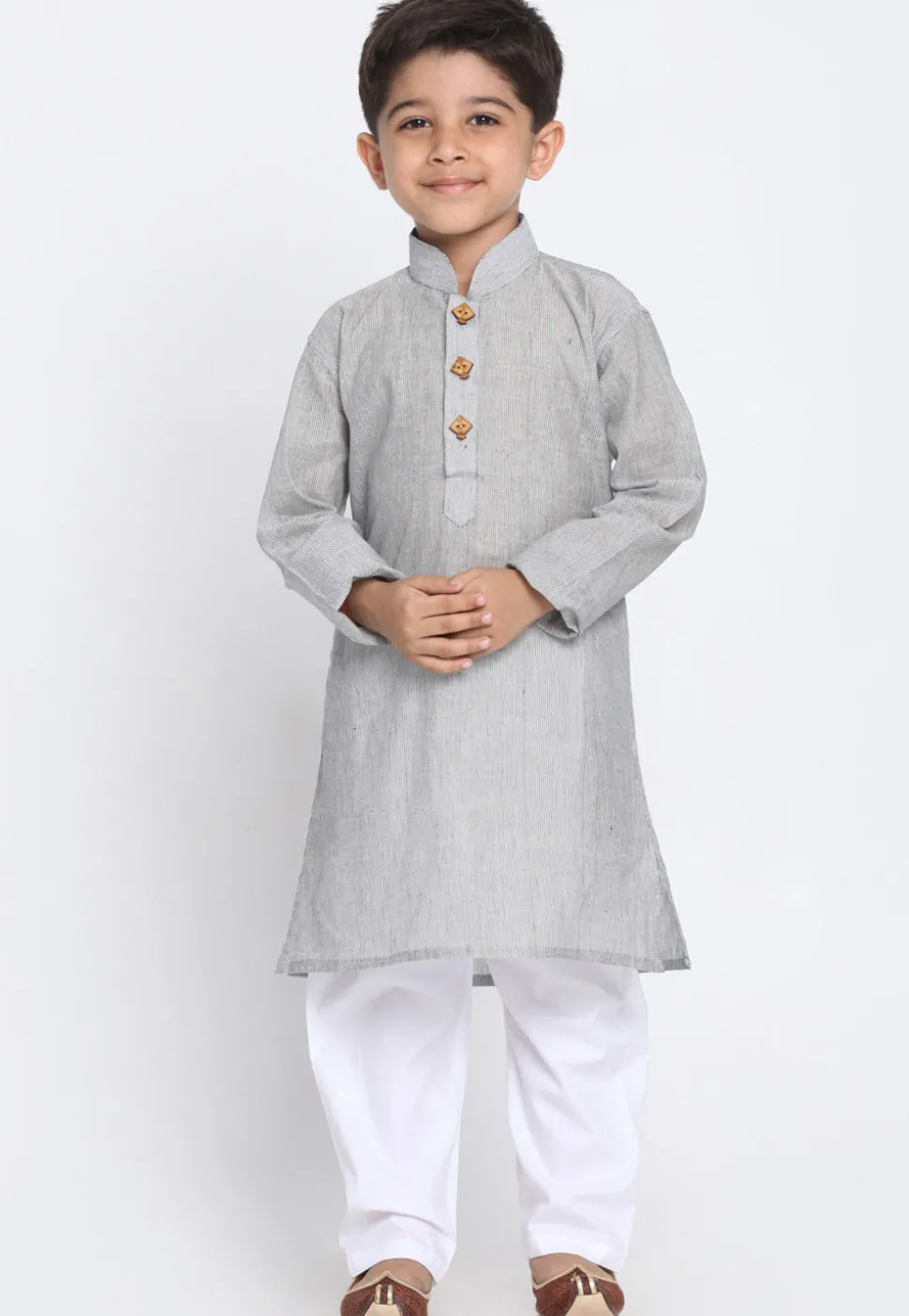 Solid Color Cotton Kurta Set in Light Grey