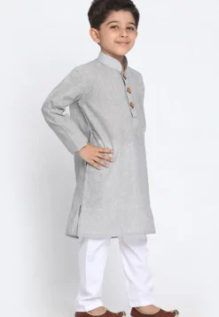 Solid Color Cotton Kurta Set in Light Grey