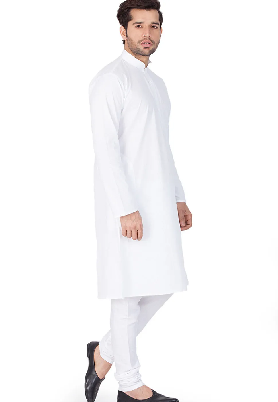 Solid Color Cotton Kurta Set in White