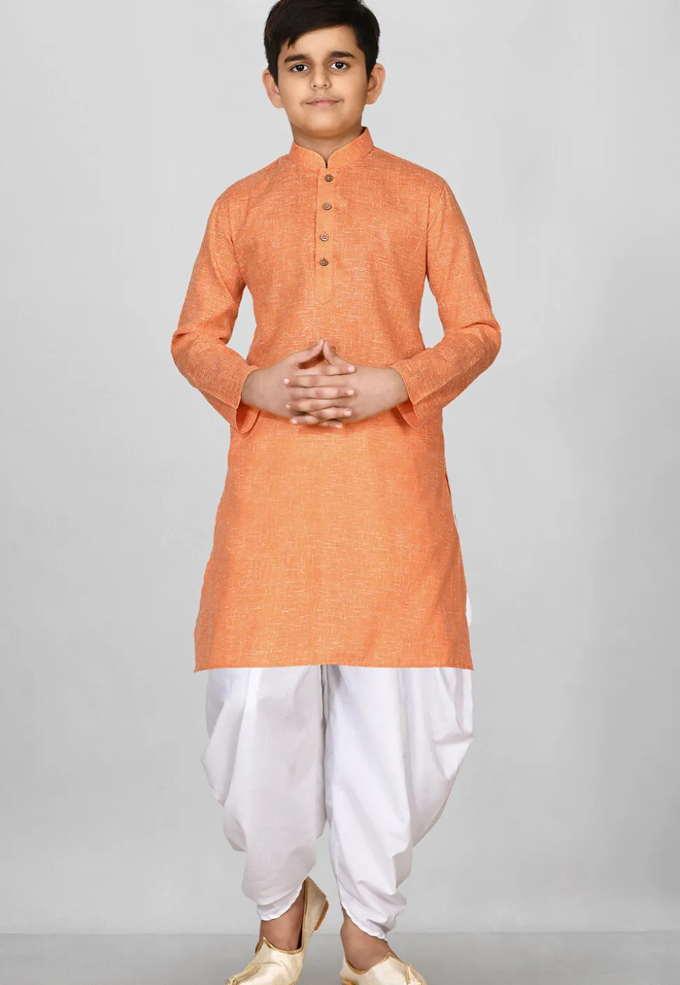 Solid Color Cotton Kurta Set in Peach