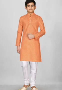 Solid Color Cotton Kurta Set in Peach