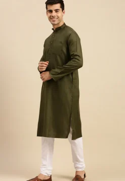 Solid Color Cotton Kurta Set in Dark Olive Green